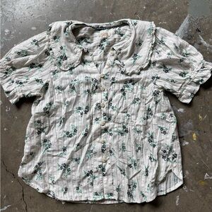 Anthropologie Pilcro white Floral Button-Up Blouse with Green and navy  Print